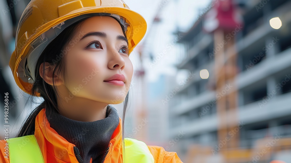 Female construction manager in a hard hat and reflective vest observes the progress of a large building project, symbolizing leadership in the construction industry. Female construction manager in a hard hat and reflective vest observes the progress of a large building project, symbolizing leadership in the construction industry.