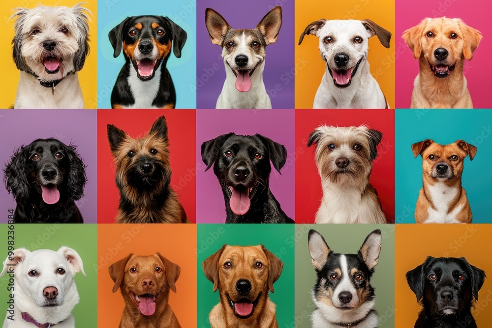 A collage featuring various breeds of dogs set against different colored backgrounds A collage featuring various breeds of dogs set against different colored backgrounds