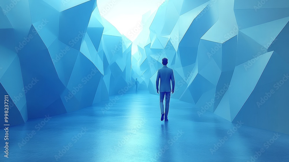 Fototapeta premium A person walking through a surreal blue geometric landscape, evoking feelings of exploration and tranquility.