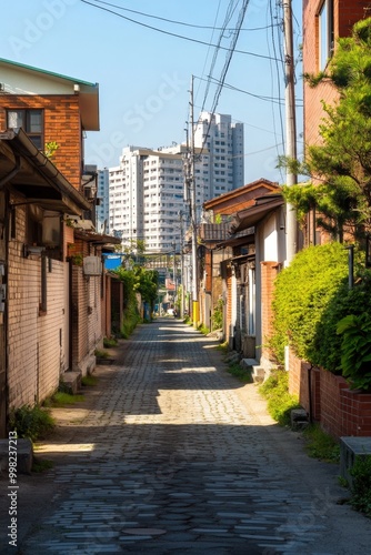 Charming narrow alleyway lined with traditional homes and modern skyline in the background