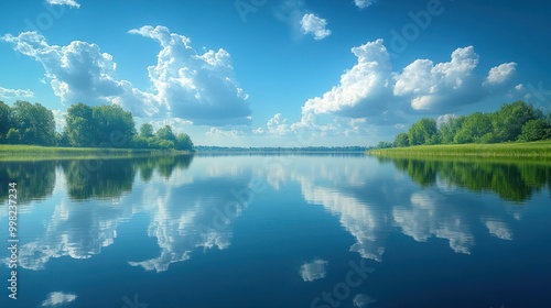 A tranquil lake with a clear blue sky and fluffy white clouds reflected in the still water.