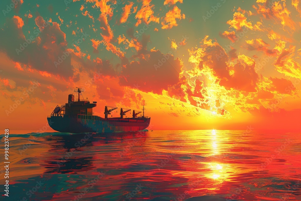 A massive vessel glides across the horizon as the sun dips below, casting a warm glow A massive vessel glides across the horizon as the sun dips below, casting a warm glow