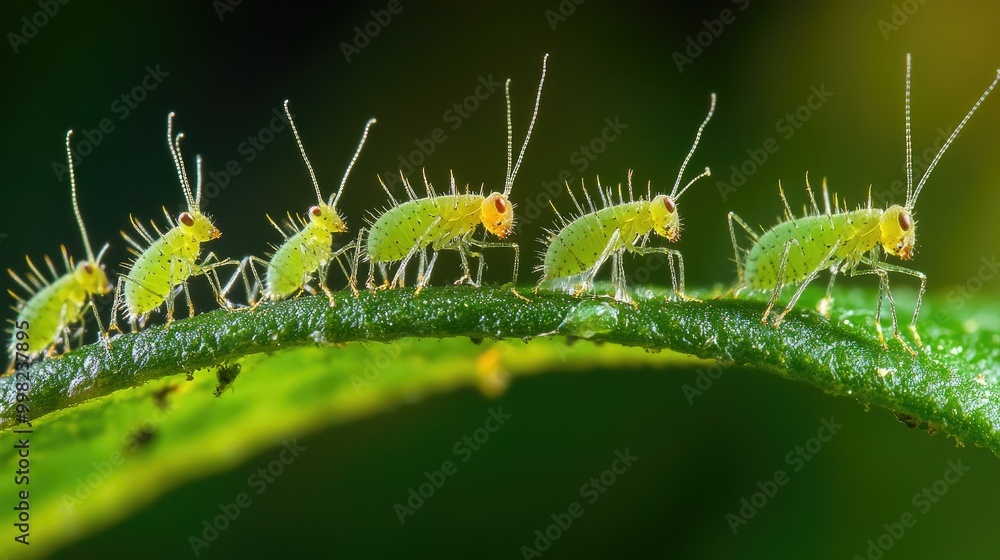 Fototapeta premium A group of tiny aphids gathered on a leaf, creating a fascinating display of insect life as they feed and interact in their micro-world.