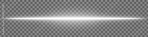 Horizontal white light effect isolated on transparent background. Bright glowing beam with lens flare and soft glow. Graphical patch of reflected light. Abstract rays. Vector illustration.