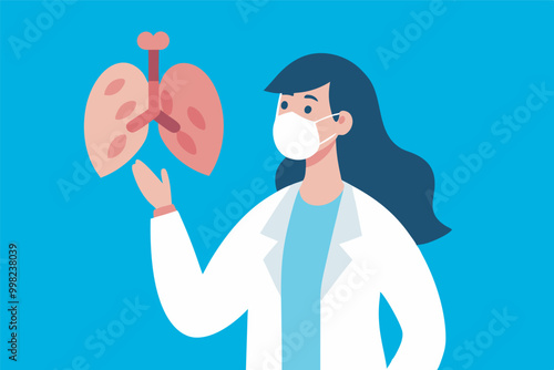 Female doctor in white medical attire and mask, with long dark hair, points at a lung model detailing its structure, against a blue backdrop.