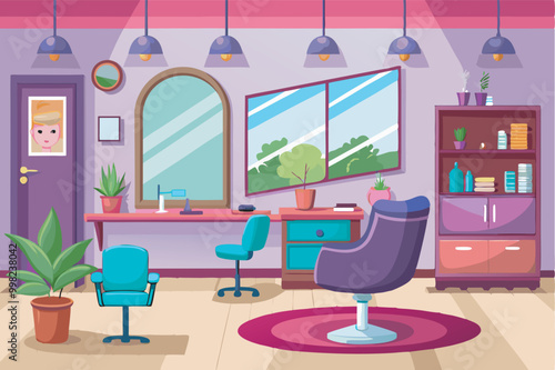  A vibrant purple-themed modern beauty salon with a cozy atmosphere, featuring a central oval mirror, professional hairdressing table, beauty products, and decorative elements.