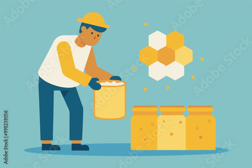 Beekeeper in white vest and yellow hat happily collects honey, filling jars surrounded by bees and beehives. Symbolizes abundance and success.