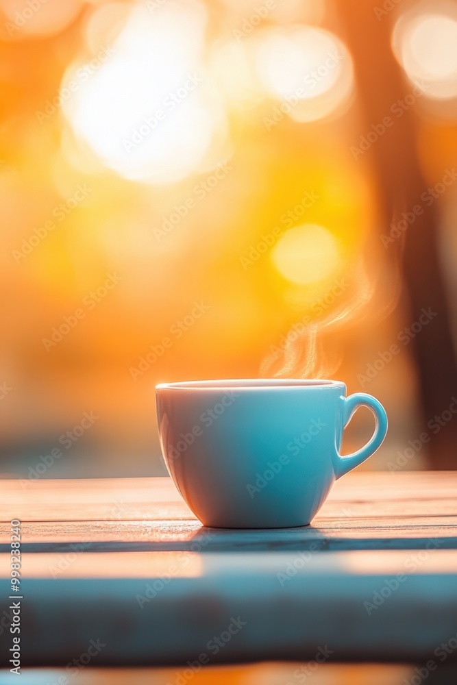 Obraz premium A serene moment with a steaming cup of coffee against a warm sunset backdrop