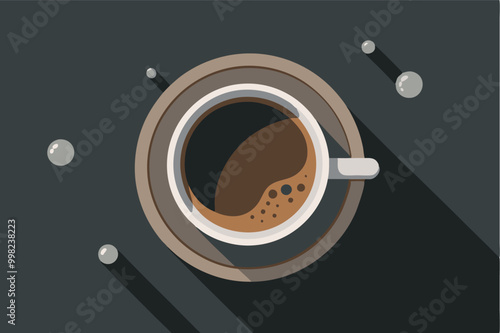 A white coffee cup on a saucer filled with coffee, showing gradation, bubbles, and a blue star. Set against a grey background with light grey dots.
