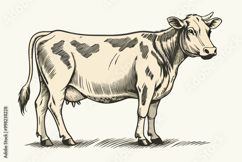 Handmade drawing of a striking cow on grass, with brown and white coat, curved horns, and blue circle on its collar. Serene countryside vibe with dynamic, rustic charm.