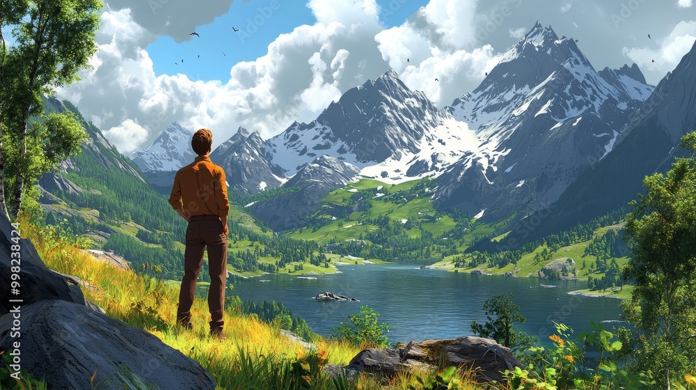 A serene landscape featuring mountains, a lake, and a person admiring nature under a bright sky, evoking tranquility and adventure. A serene landscape featuring mountains, a lake, and a person admiring nature under a bright sky, evoking tranquility and adventure.