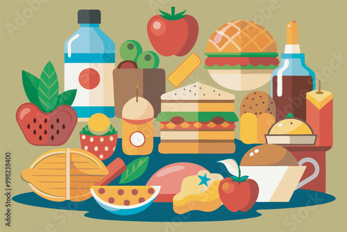 A vibrant flat-design illustration features a variety of food and drinks on a green table, from healthy options to comfort food, creating a rich and whimsical scene of abundance and choice.