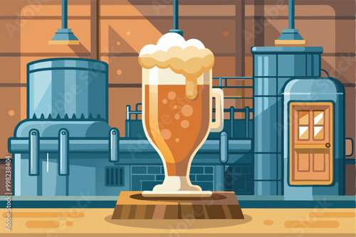 Interior view of a brewery with beer production equipment. Cartoon mug of beer on a stand, overflowing foam with bubbles.