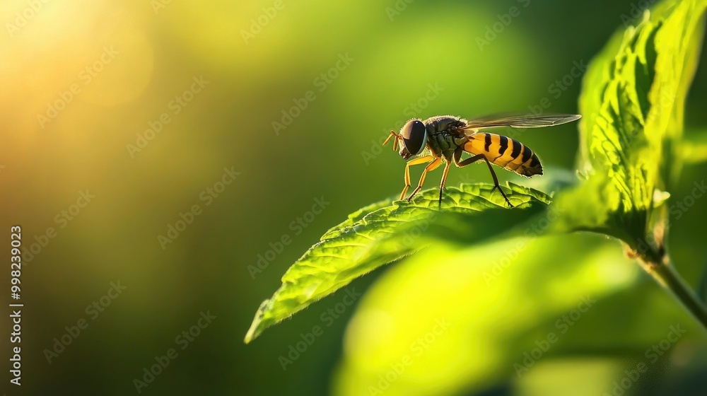 A hoverfly balancing on a leaf, surrounded by the soft green of a plant, as its striped body glistens in the afternoon sun. A hoverfly balancing on a leaf, surrounded by the soft green of a plant, as its striped body glistens in the afternoon sun.
