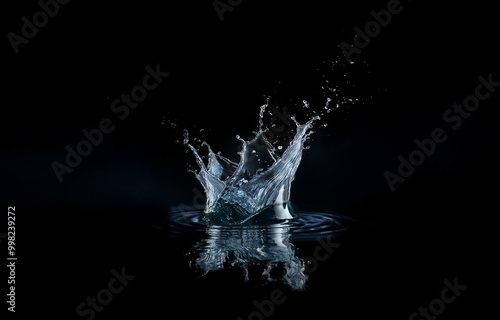 A water droplet creates a splash and ripples on a black surface.