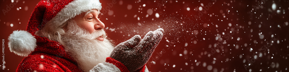 Santa blows on the stardust he holds in his hands. Banner with empty place for text. Shallow depth of field. Santa blows on the stardust he holds in his hands. Banner with empty place for text. Shallow depth of field.