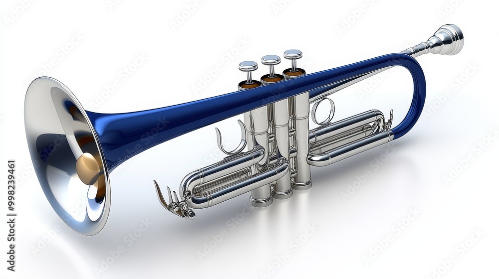 Obraz premium A shiny silver and blue trumpet showcasing its elegant design, perfect for music, band or instrument-related themes.
