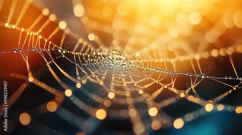 Halloween spider web glowing with dew drops