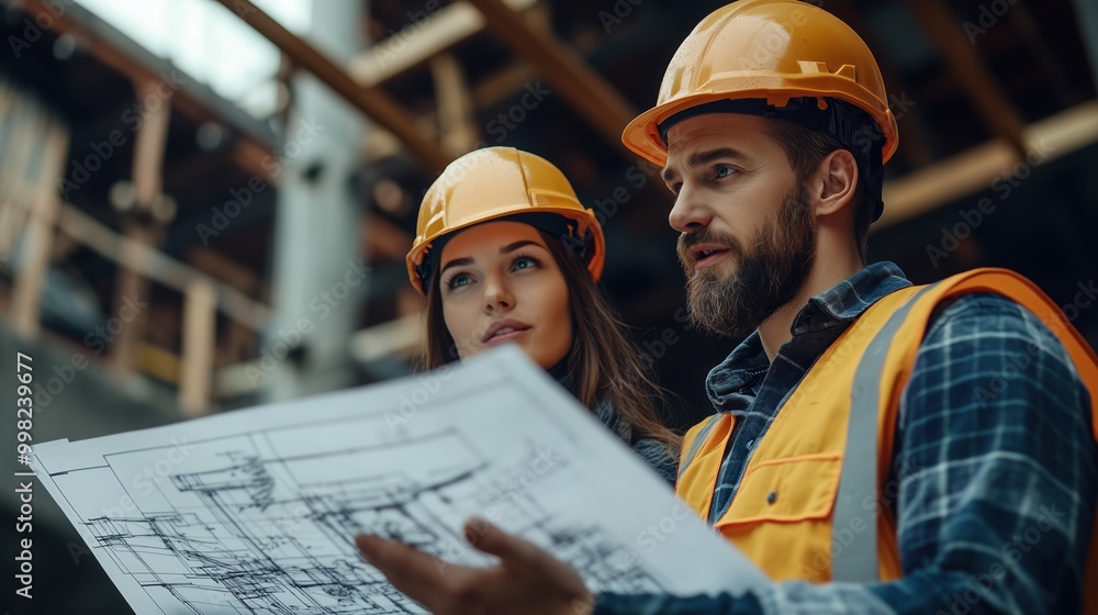 Pair of architects in hard hats and reflective vests review detailed blueprints at an active construction site, evaluating project progress. Pair of architects in hard hats and reflective vests review detailed blueprints at an active construction site, evaluating project progress.
