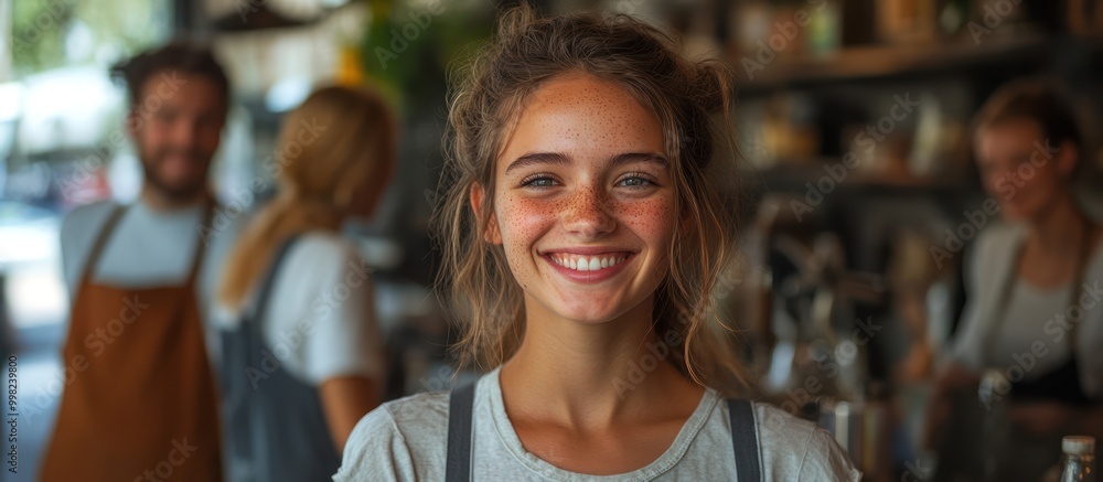 A smiling woman with freckles wearing a white shirt and black suspenders is standing in a cafe. A smiling woman with freckles wearing a white shirt and black suspenders is standing in a cafe.