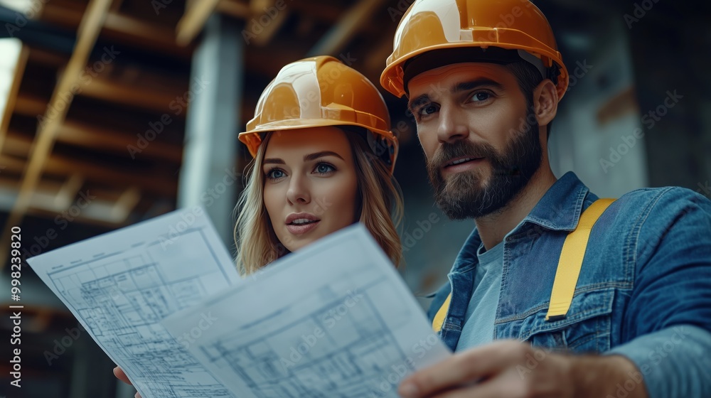 Construction team in hard hats and safety vests examines blueprints together while discussing plans at a construction site for a high-rise building. Construction team in hard hats and safety vests examines blueprints together while discussing plans at a construction site for a high-rise building.