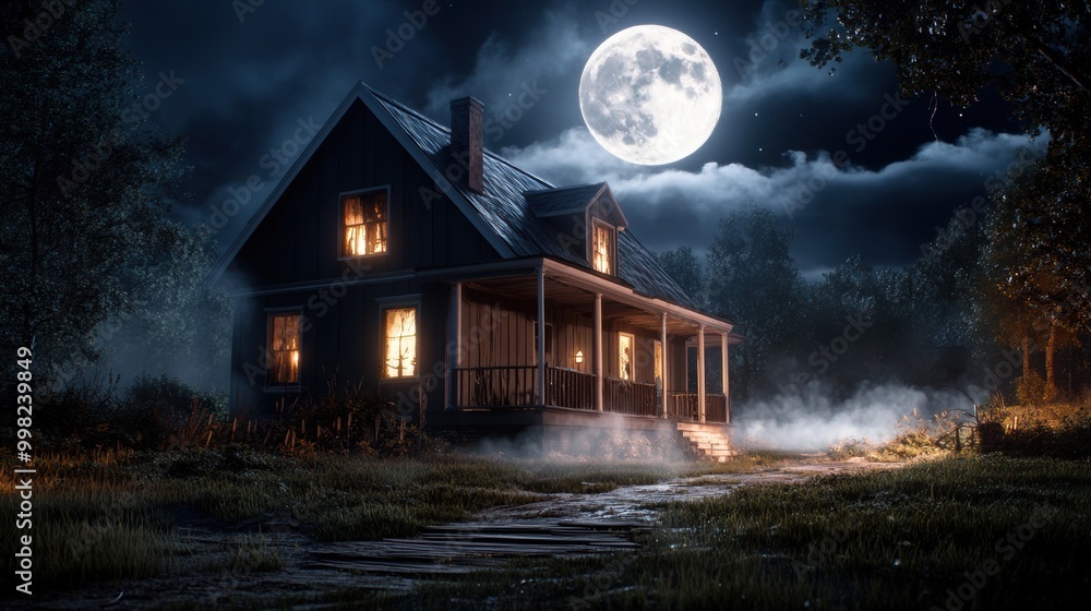 Spooky haunted house with full moon on Halloween night Spooky haunted house with full moon on Halloween night