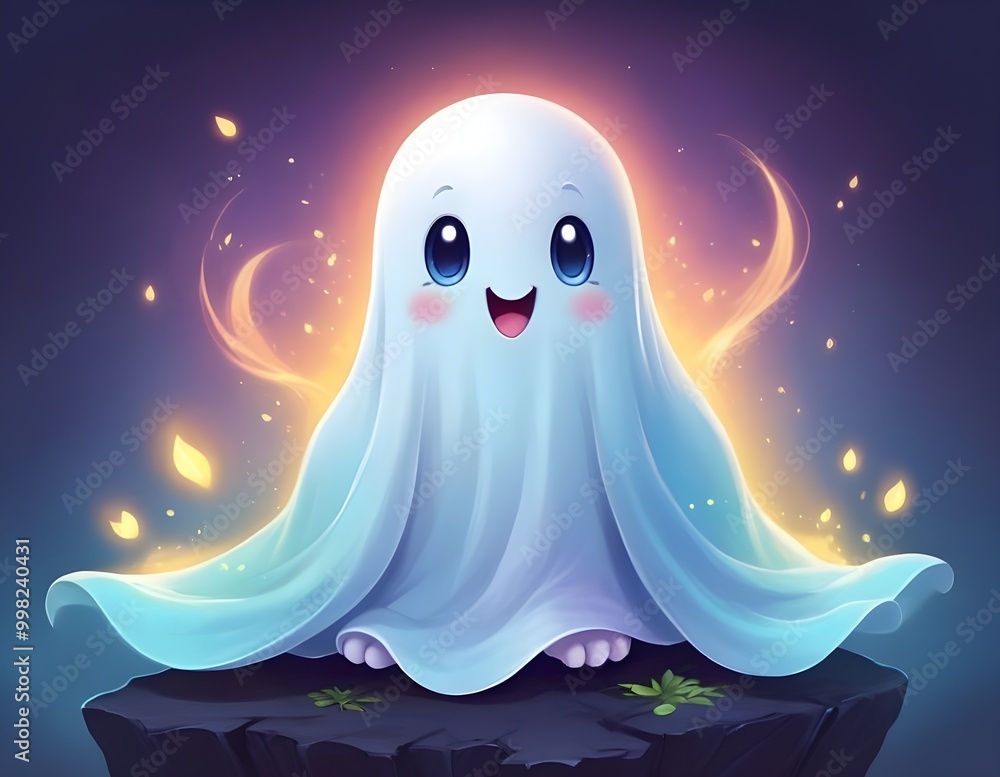 Cute animated shy ghost character with glowing eyes and gentle smile. Halloween Cute animated shy ghost character with glowing eyes and gentle smile. Halloween