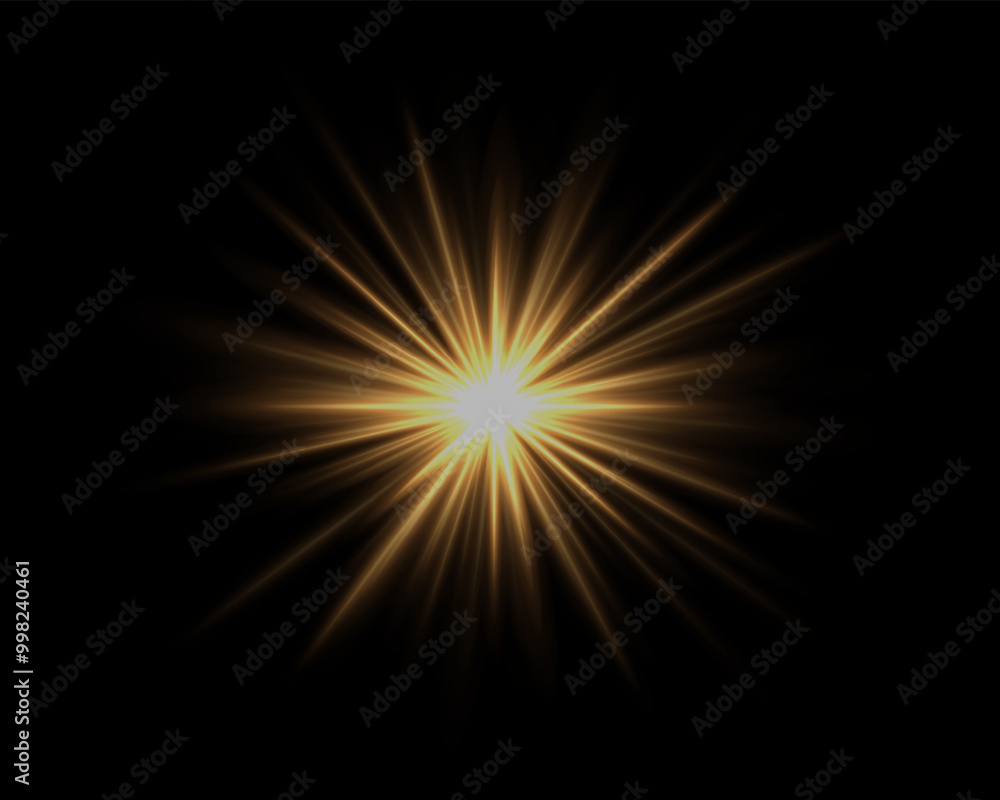 Abstract yellow star explosion. Glowing starburst effect isolated on dark background. Radiant beams with bright glowing center. Graphical patch of reflected light. Lens flare. Vector illustration. Abstract yellow star explosion. Glowing starburst effect isolated on dark background. Radiant beams with bright glowing center. Graphical patch of reflected light. Lens flare. Vector illustration.