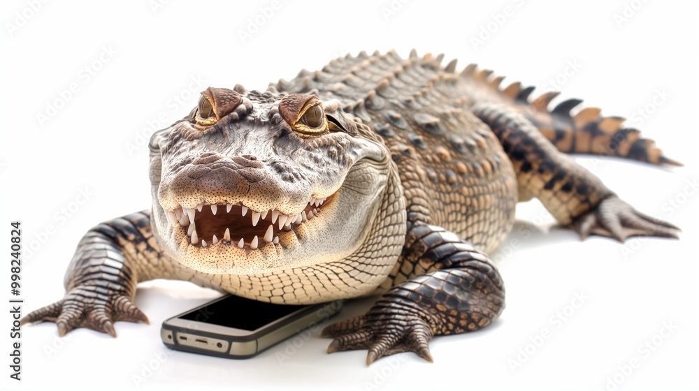 Naklejka premium Happy Crocodile with Smartphone