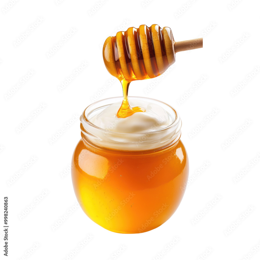 Jar of honey with a wooden dipper and spoon isolated