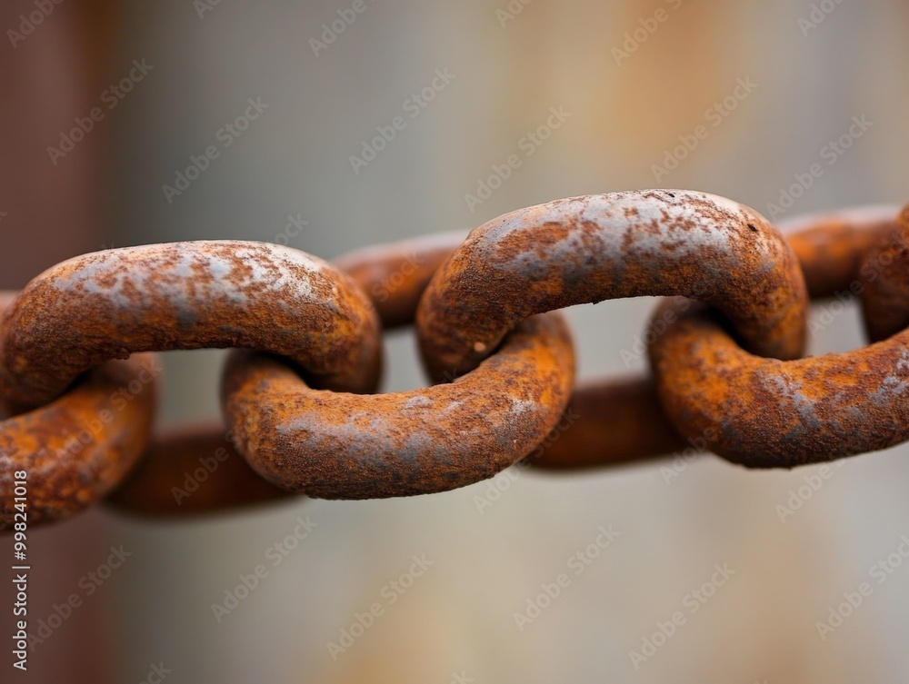 Rusty chain link close-up against a blurred industrial background at dusk Rusty chain link close-up against a blurred industrial background at dusk