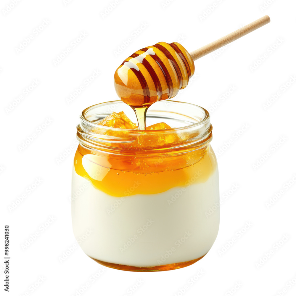 Jar of honey with a wooden dipper and spoon isolated Jar of honey with a wooden dipper and spoon isolated