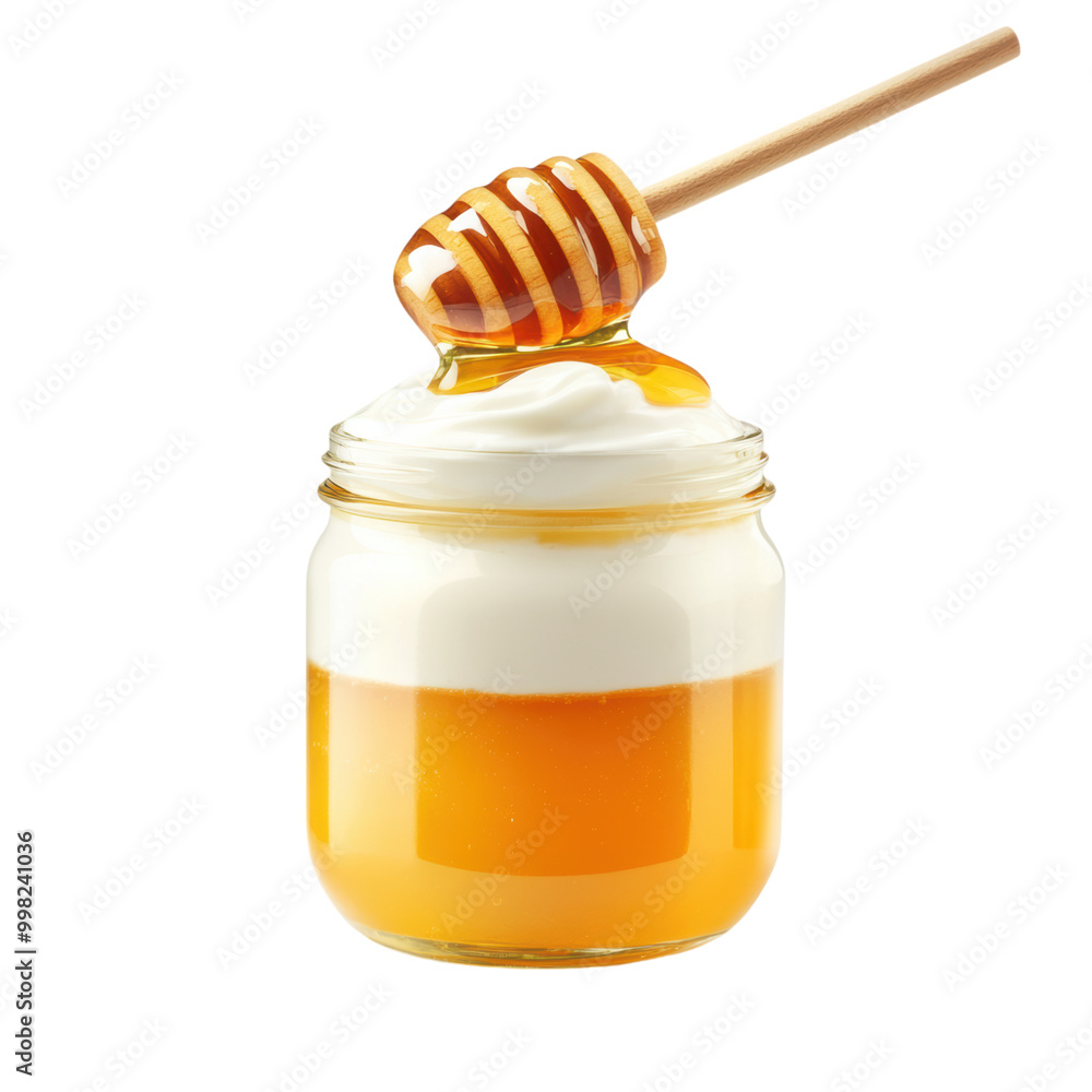 Jar of honey with a wooden dipper and spoon isolated Jar of honey with a wooden dipper and spoon isolated