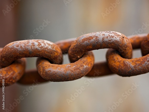 Rusty chain link close-up against a blurred industrial background at dusk