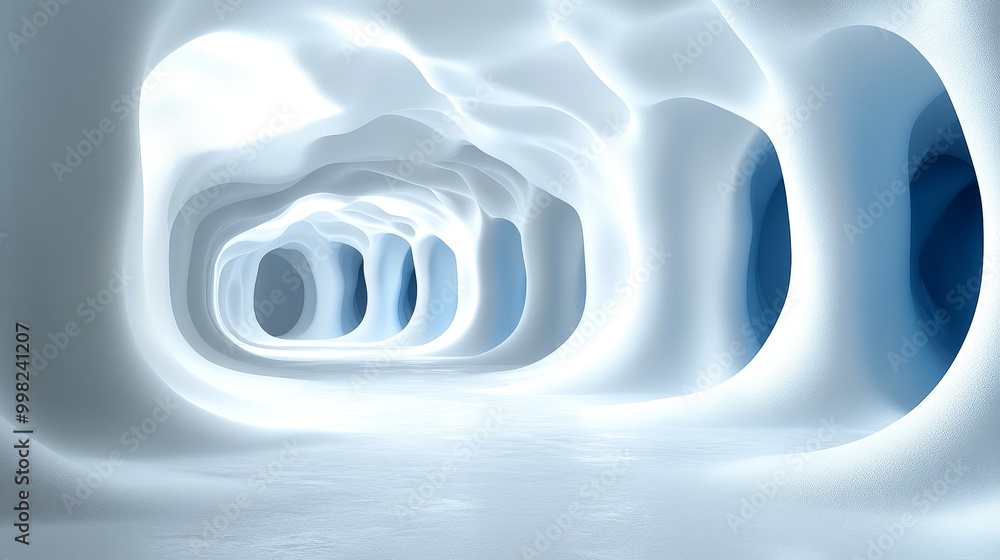 Obraz premium A surreal abstract tunnel with smooth white surfaces and gentle curves, creating an ethereal, tranquil atmosphere.