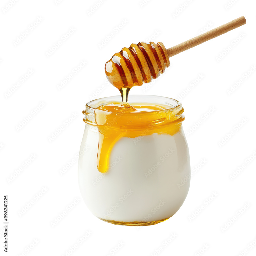 Jar of honey with a wooden dipper and spoon isolated Jar of honey with a wooden dipper and spoon isolated
