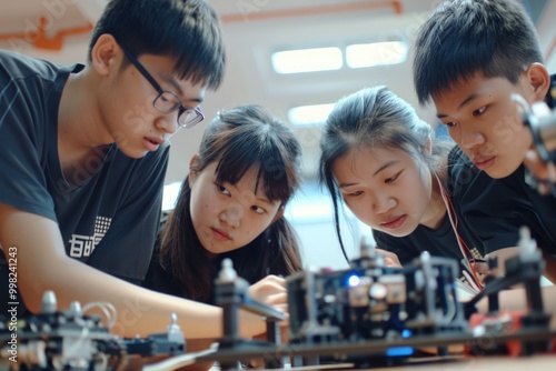 Young people working together on electronic devices and circuits