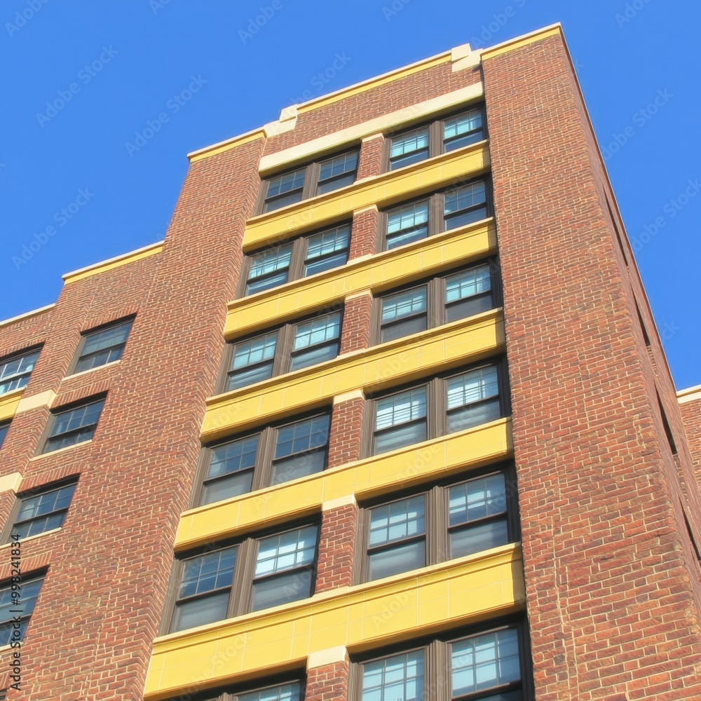 A beautiful brick building with yellow accents reflecting the clear blue sky in the afternoon