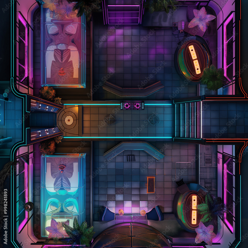 Advanced Cyberpunk Battle Map for Sci-Fi DnD, Top-Down RPG Map with Futuristic Urban Setting, Virtual Tabletop Asset for High-Tech Environments and Neon Cityscapes, Ideal for Cyberpunk Campaigns Advanced Cyberpunk Battle Map for Sci-Fi DnD, Top-Down RPG Map with Futuristic Urban Setting, Virtual Tabletop Asset for High-Tech Environments and Neon Cityscapes, Ideal for Cyberpunk Campaigns