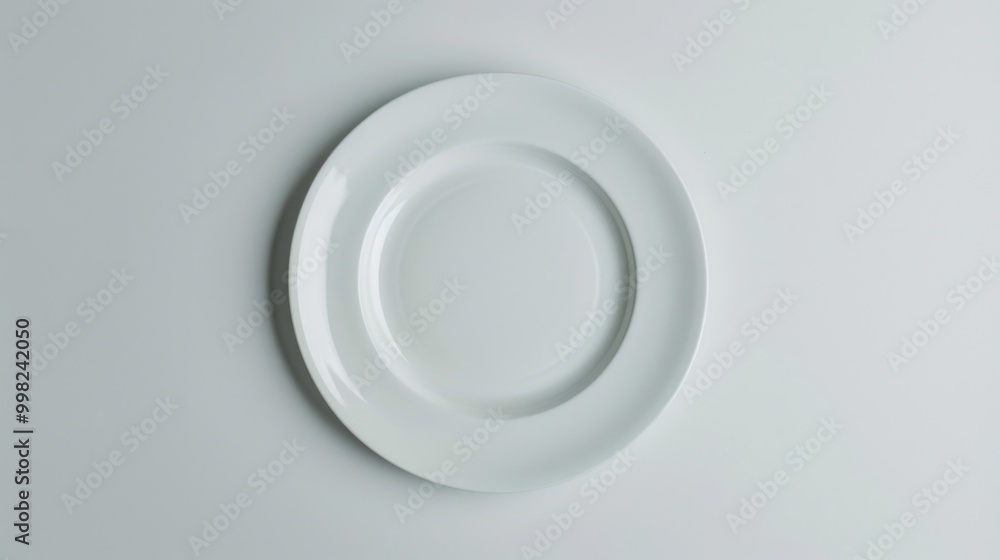 A clean and empty white plate sitting on a white surface, ready for use A clean and empty white plate sitting on a white surface, ready for use