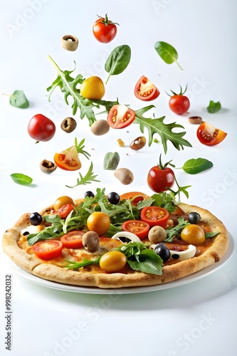 Delicious pizza with flying ingredients on white background
 photo