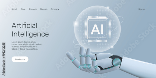 Web banner with robot hand holding processor, technology, machine learning, neural network, Artificial Intelligence (AI) landing page concept.