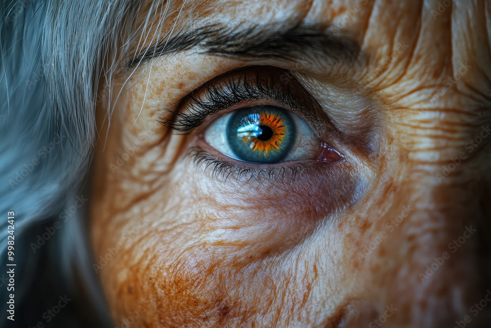 Close-up of Elderly Woman's Blue Eye with Detailed Wrinkles, Natural Tones Close-up of Elderly Woman's Blue Eye with Detailed Wrinkles, Natural Tones