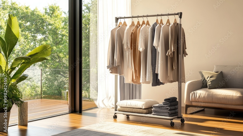 A modern collapsible laundry rack with various clothes hanging in an airy living room, showcasing practical and stylish home organization. A modern collapsible laundry rack with various clothes hanging in an airy living room, showcasing practical and stylish home organization.