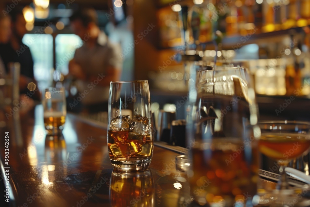 A single glass of whiskey sits atop a bar, waiting to be enjoyed A single glass of whiskey sits atop a bar, waiting to be enjoyed