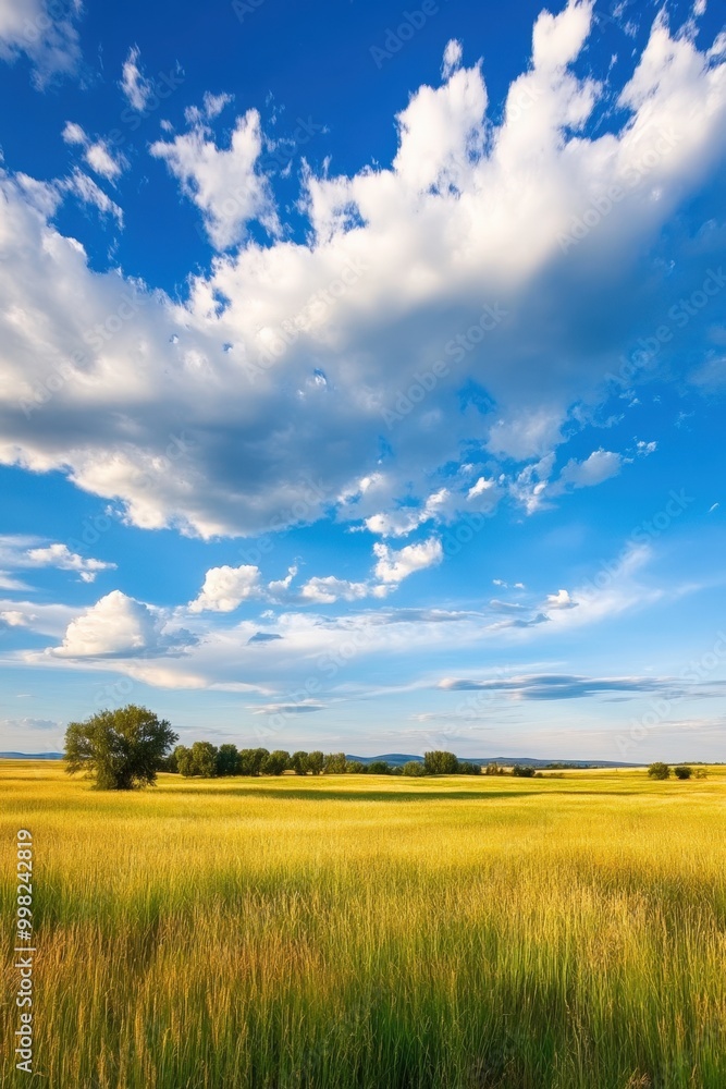 Golden fields under a vibrant sky with clouds stretching across the horizon at sunset Golden fields under a vibrant sky with clouds stretching across the horizon at sunset