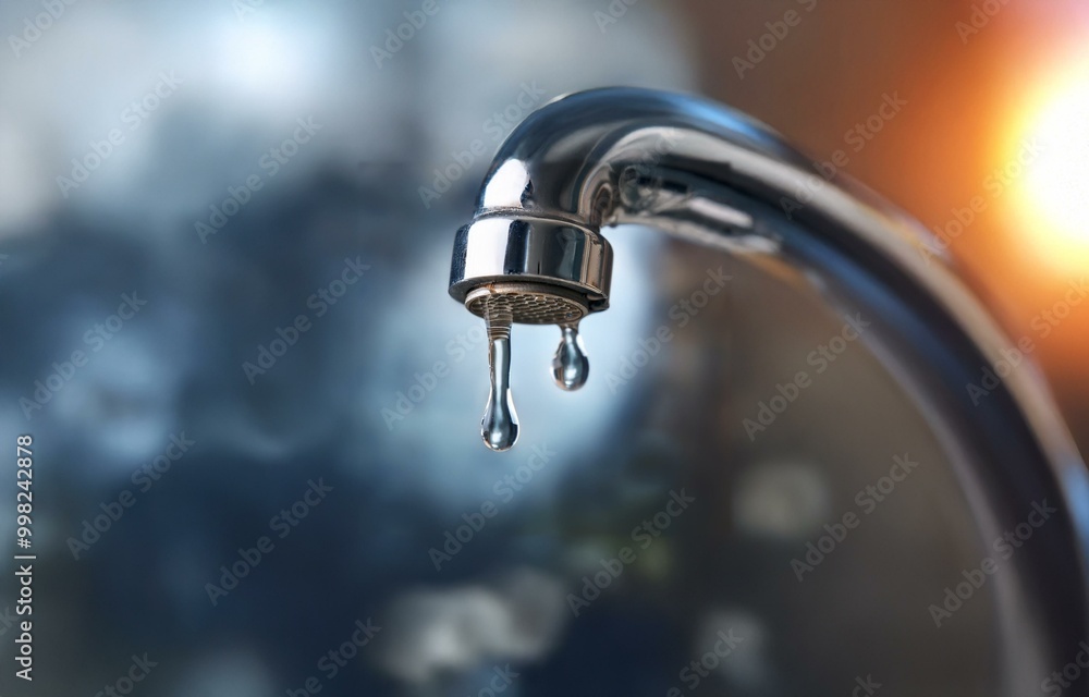 A close-up of a chrome faucet with two drops of water dripping from the spout. The background is blurred. A close-up of a chrome faucet with two drops of water dripping from the spout. The background is blurred.