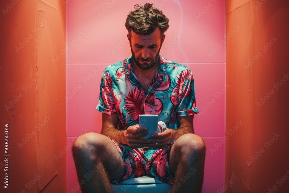© Fotograf - A person is seated on the toilet while using their smartphone