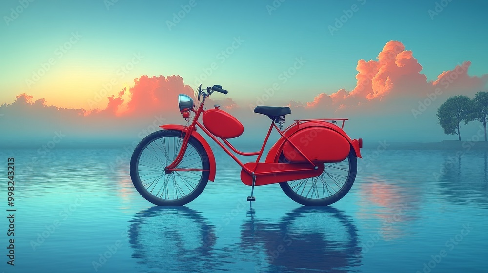 Fototapeta premium A vibrant red bicycle stands elegantly in serene waters, illuminated by a beautiful sunrise, creating a dreamy landscape.