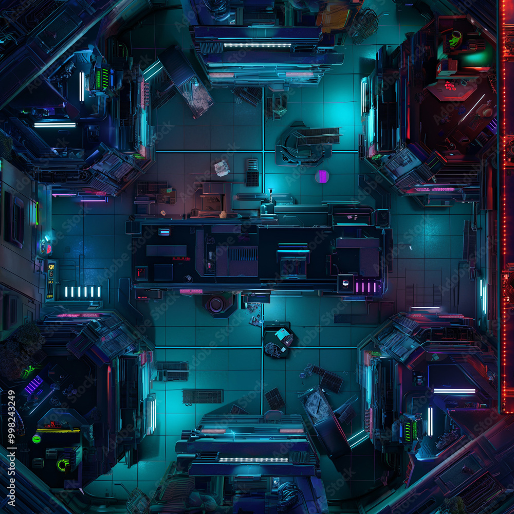 Fototapeta premium Neon-Lit Cyberpunk Battle Map for DnD, Top-Down View RPG Map for Futuristic Urban Adventures, Sci-Fi City Background for Virtual Tabletop Play, High-Tech Digital Asset for Role-Playing Game Campaigns